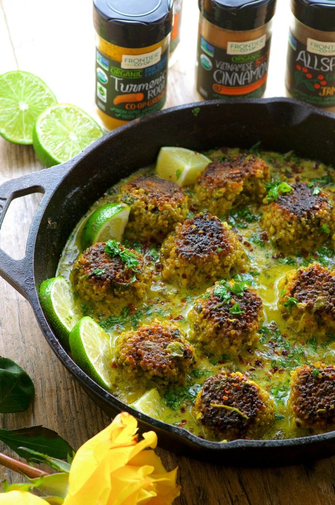 Cauliflower Quinoa Meatless Meatballs In Coconut Turmeric Sauce