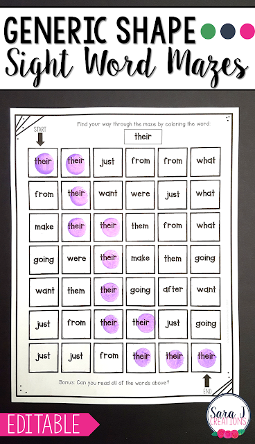 Generic shape editable sight word mazes. FREE with the growing bundle of year long sight word mazes.