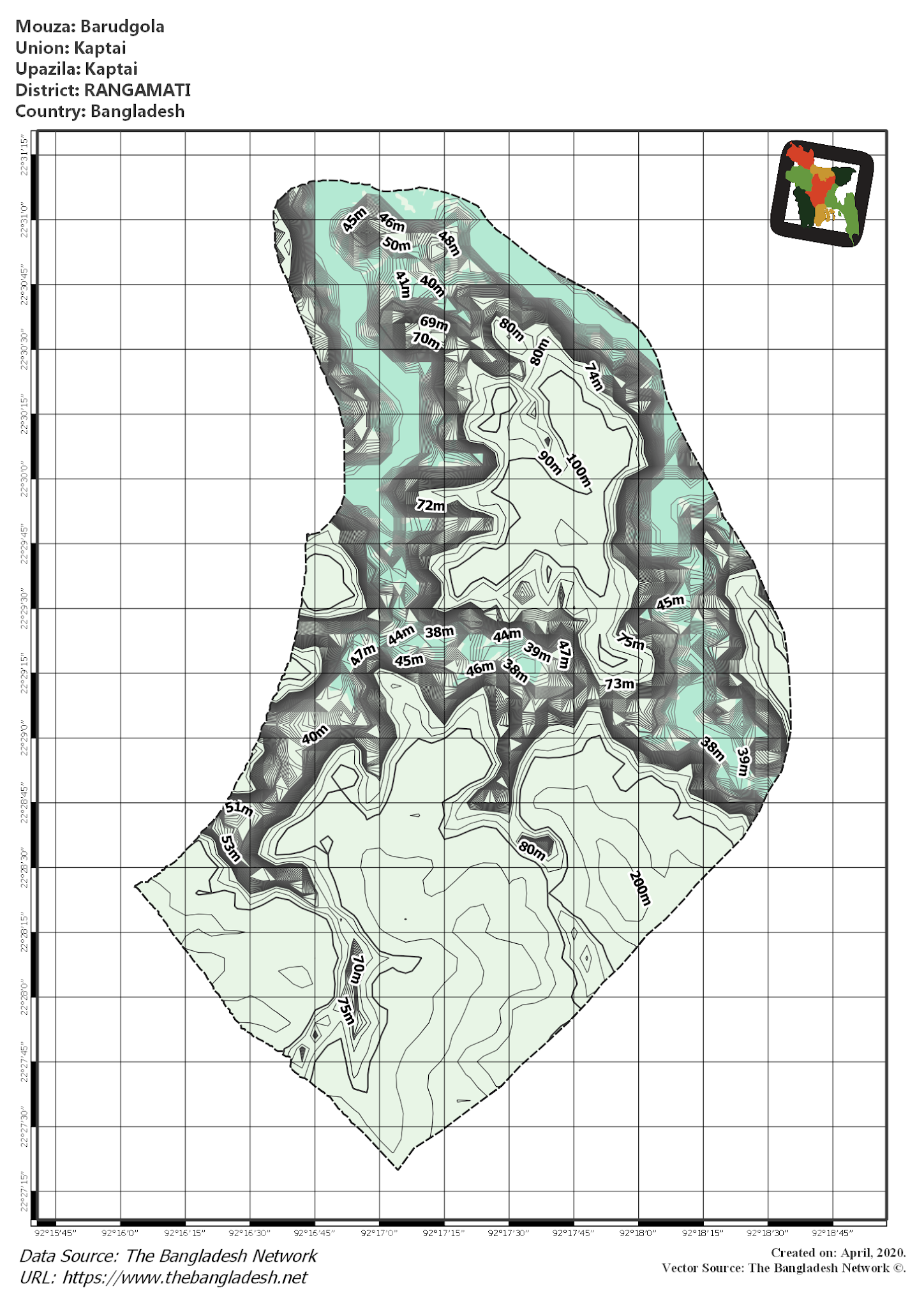 Map of Barudgola Mouza of Kaptai Upazila, RANGAMATI, Bangladesh.