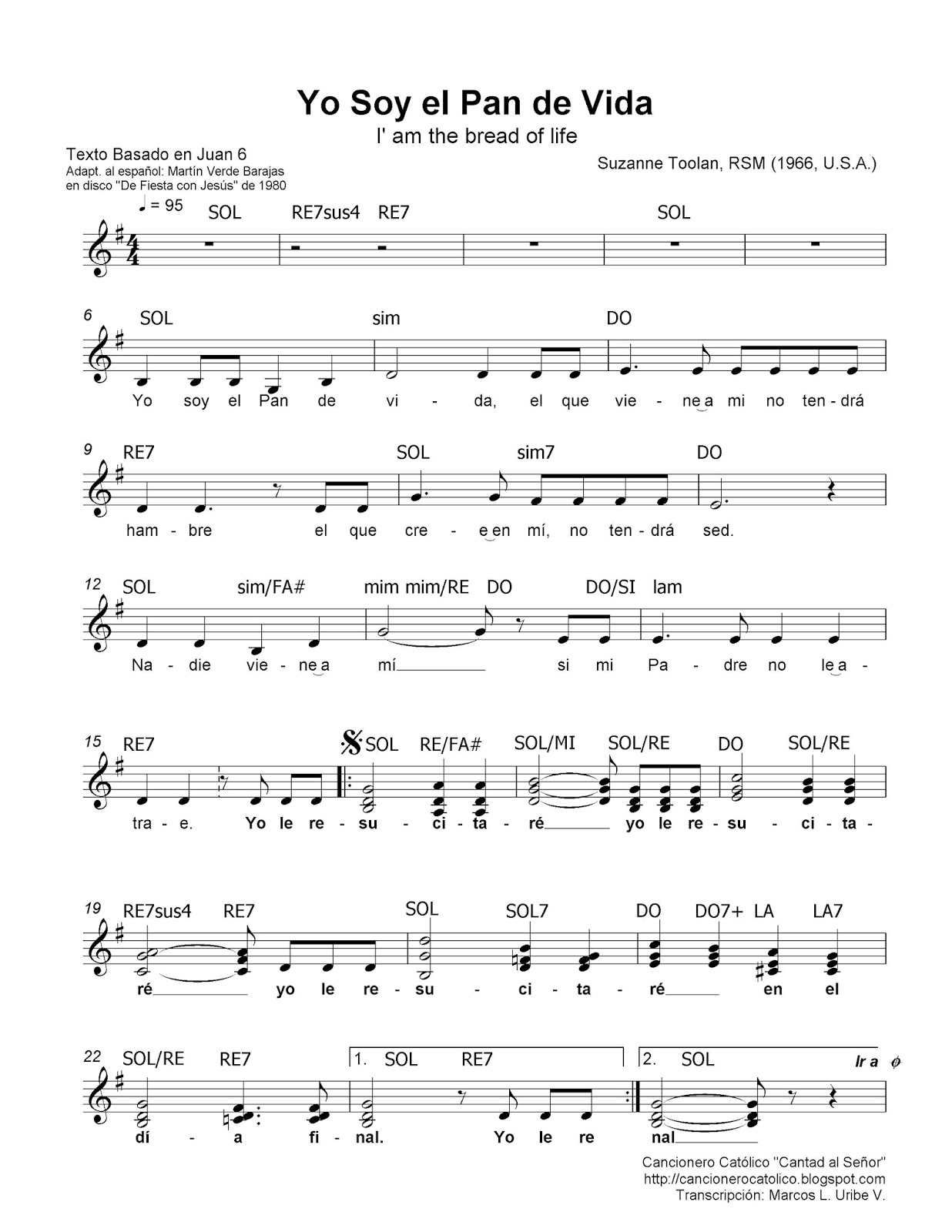 Cancionero Católico "Cantad al Señor": YO SOY EL PAN DE VIDA (Suzanne