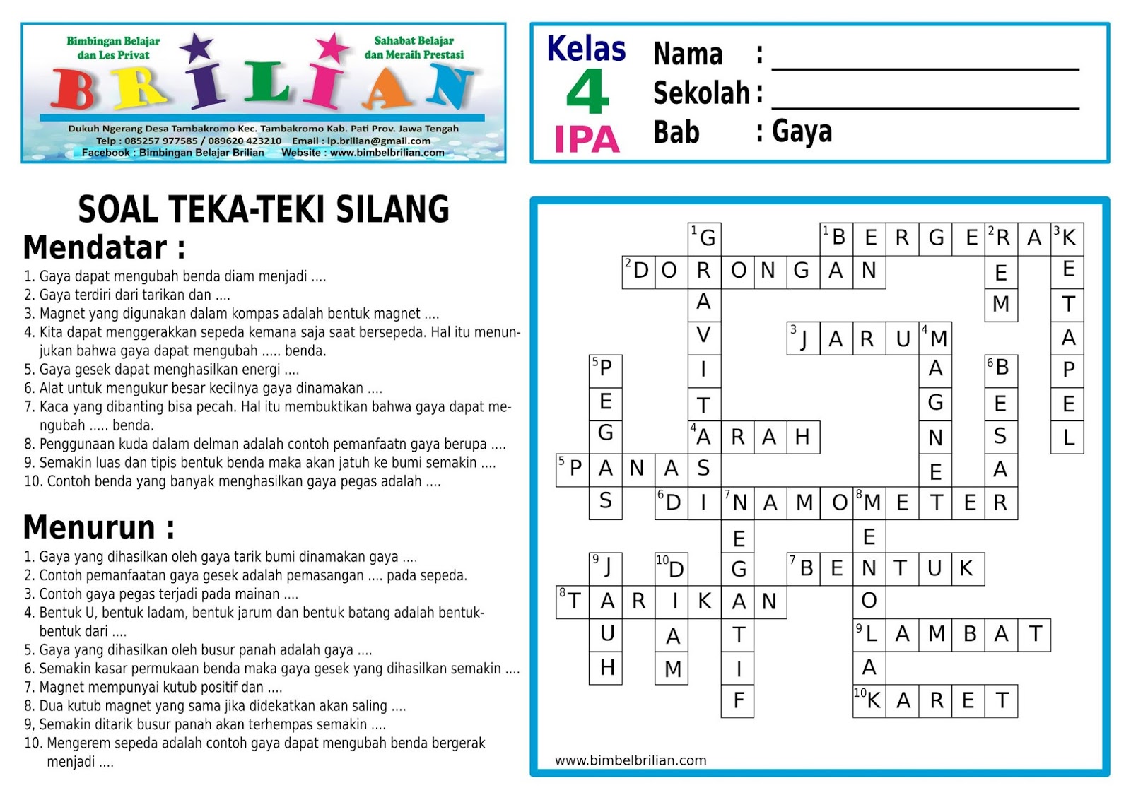 Soal Teka Teki Silang Tts Ipa Kelas 4 Sd Bab 7 Gaya Bimbel Brilian Soal Teka Teki Silang Tts Ipa Kelas 4 Sd Bab 7 Gaya Bimbel Brilian