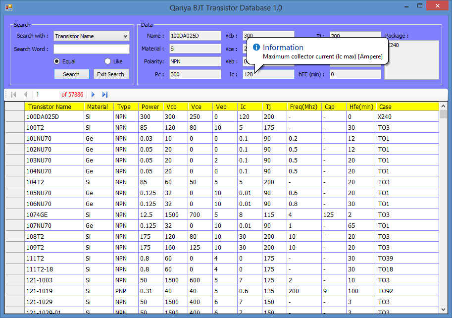 Lab Electronics برنامج مجاني Qariya BJT Transistor Database 1.0