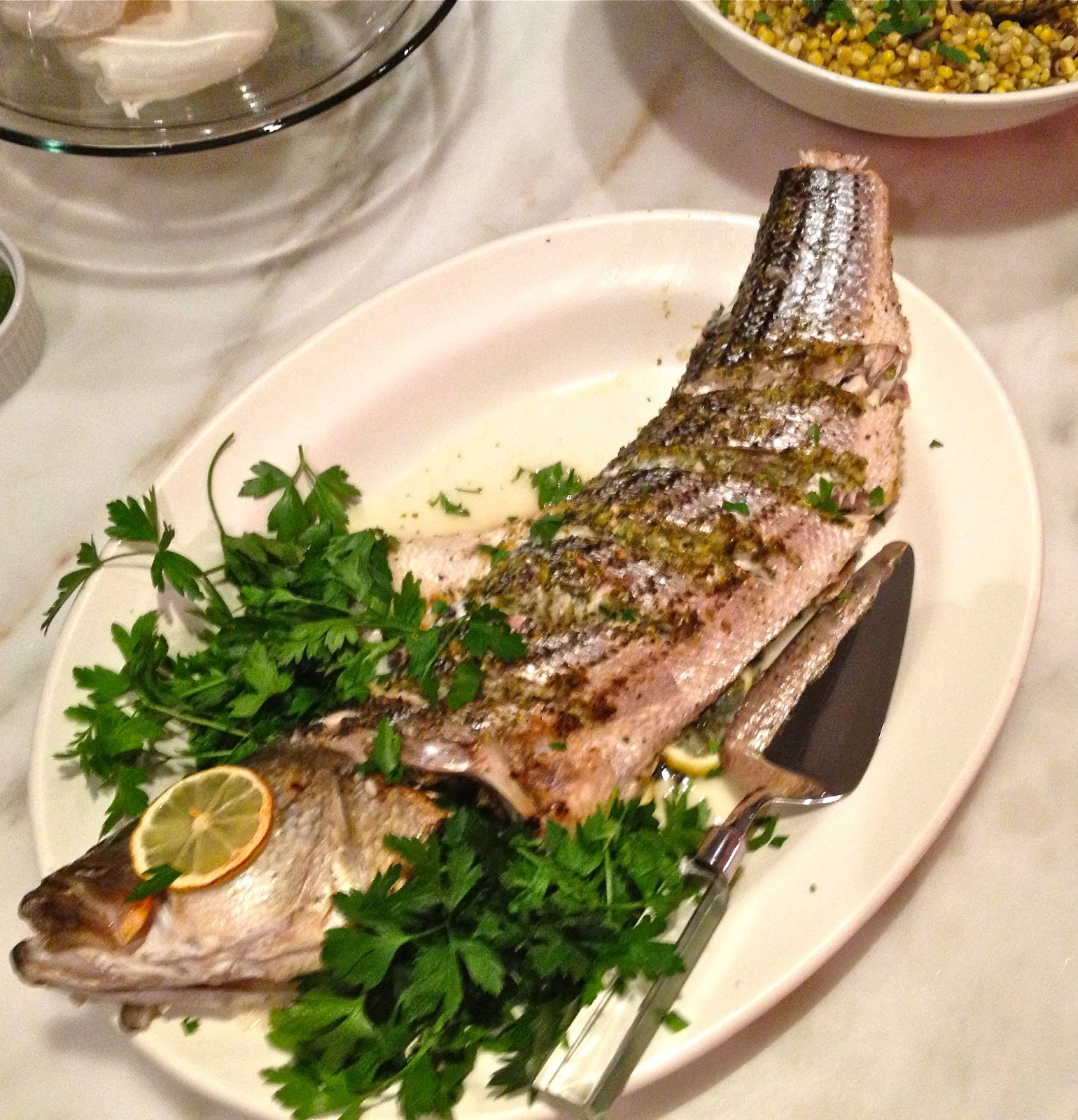 Whole Roasted Striped Bass with Lemon and Mint Chimichurri. An