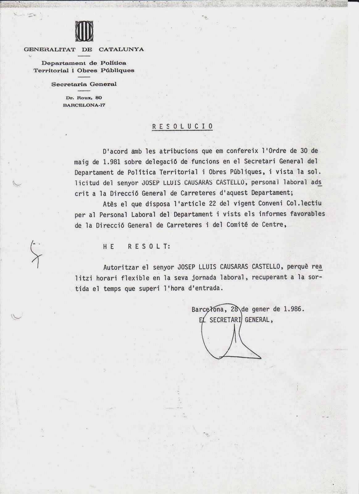 1986.- EL ÚNICO EMPLEADO PÚBLICO DE LA GENERALITAT DE CATALUNYA QUE OBTUVO HORARIO FLEXIBLE.