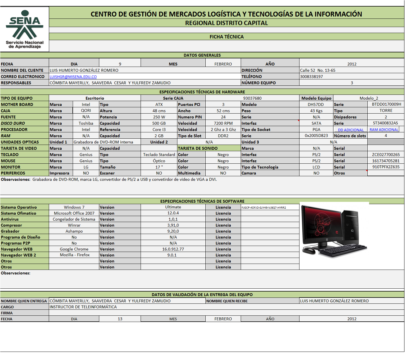 TitulaciÓn Mantenimiento De Equipos De Computo Evidencia Ficha TÉcnica