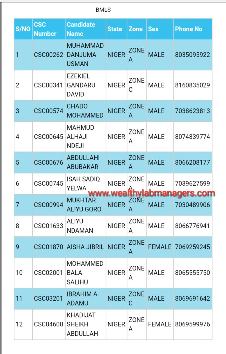 List of successful Medical Lab. Scientists/Technicians at Niger state