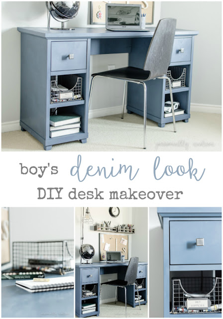 Denim Look Desk Makeover |  Chalk paint, soft wax, new hardware and wire storage baskets turn a desk headed for the trash into a stylish and functional boy's desk | personallyandrea.com