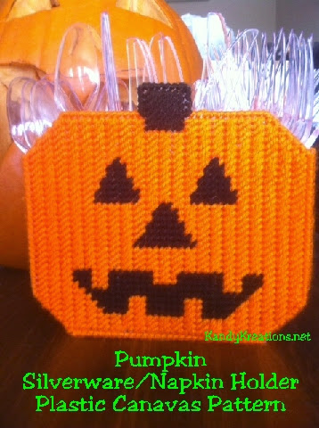Decorate your Halloween party in a fun and useful way with this cute Halloween pumpkin to sit on your table and hold your party necessities.  This Plastic canvas pattern can be used as a Silverware holder or as a napkin holder at your party.  Try this quick plastic canvas sew that will make a lot of WOW at your Halloween party.