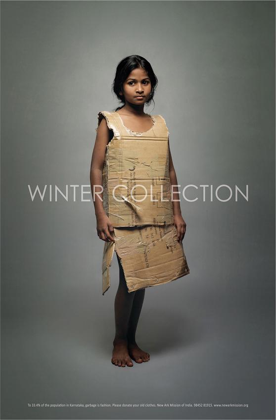 propaganda coleção inverno criança vestindo roupas trapos