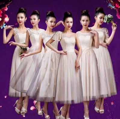 6-Design Mid Calf Length Light Beige Lace Bridesmaids Dress