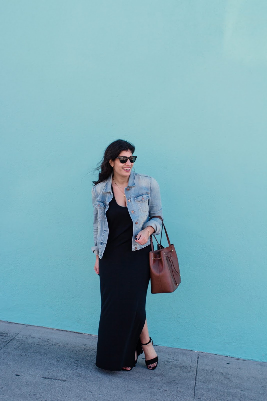 black maxi dress and denim jacket