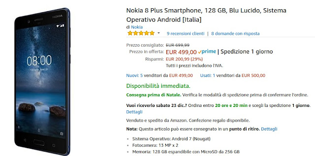 Offertona Amazon: Nokia 8 Plus (6/128 GB) a 499 euro venduto e spedito da Amazon