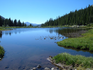High mountain lake with trees and mountains all around on a blue sky day.