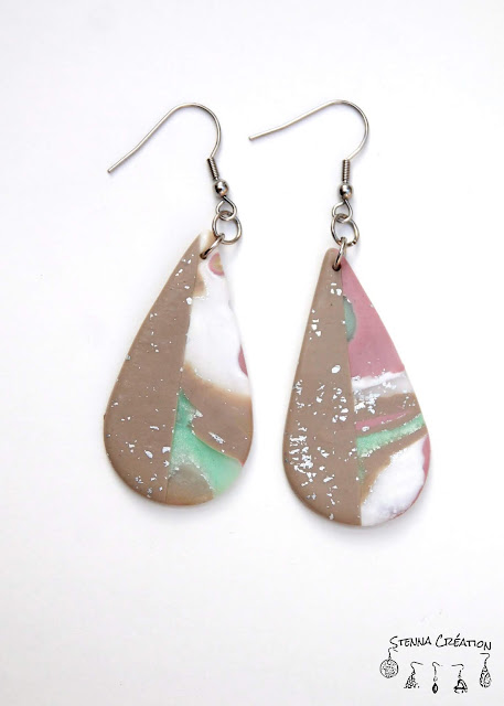 Boucles d'oreilles pâte polymère Mokume Gane Blanc Rose Antique Taupe Vert Feuilles d'Argent Stenna Création