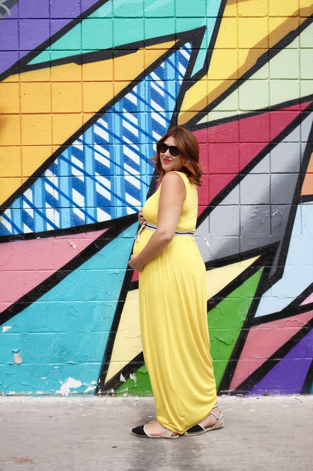 soludos, yellow maxi dress, red hair, maternity outfit, cute outfit, las vegas street art, mural