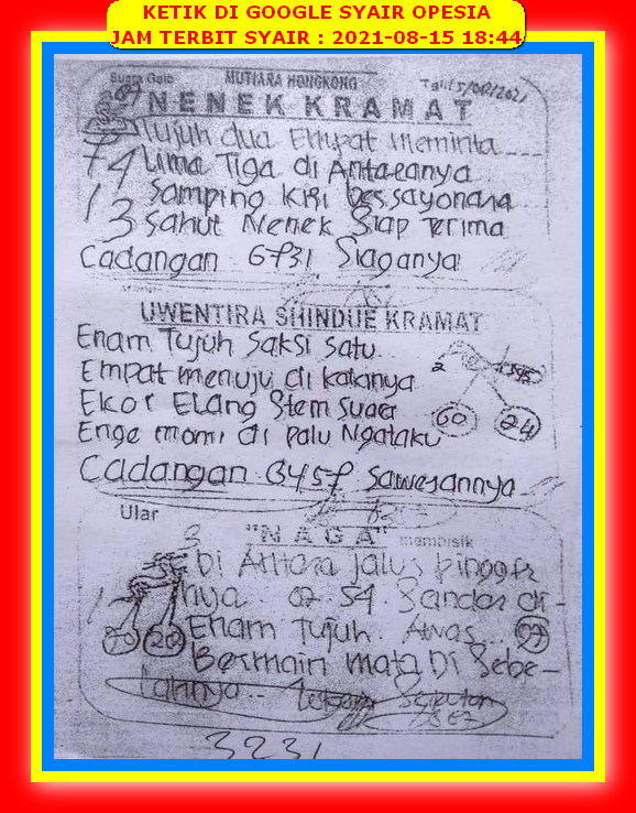 Syair Harian Hongkong 15 Agustus 2021 Kode Syair Sgp Hk Sd Motesia