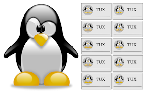 Mascote do Linux com vários cartões de visitas ao lado