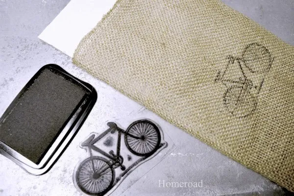 burlap and stamp pad with bicycle stamp