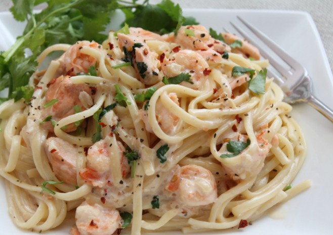 my bare cupboard Salmon and shrimp linguine