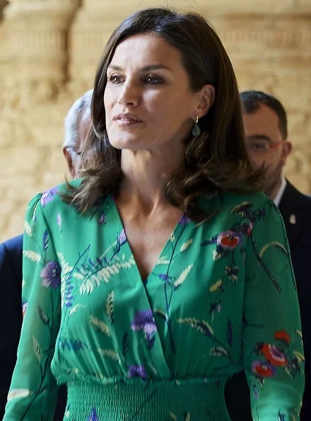 Queen Letizia wore a flower print asymmetric silk midi dress by Maje Paris. International School of Music of Princess of Asturias Foundation