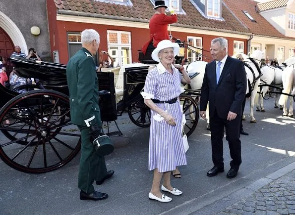 Queen Margrethe of Denmark visited the island of Bornholm in Roenne. Style of Queen Margrethe, fashion, mode