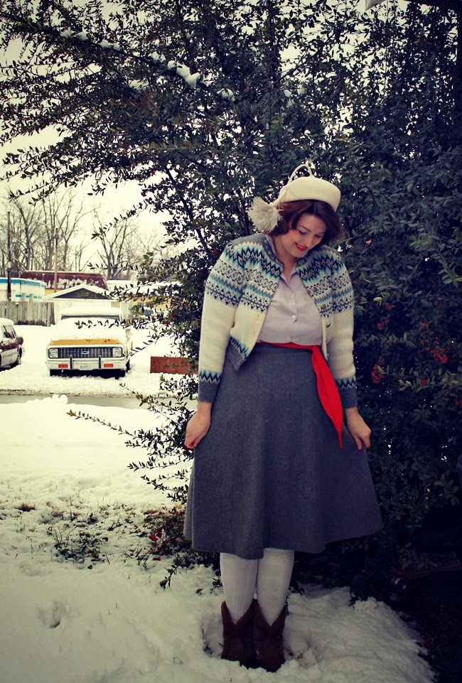 1950s winter wardrobe fairisle sweater, wool skirt, snowland boots