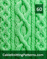 Cable Panel 60. Knit with 49 stitches and 16-row repeat. Techniques used: 2/2 right cross, 2/2 left cross, 3/1/3 left purl cross.