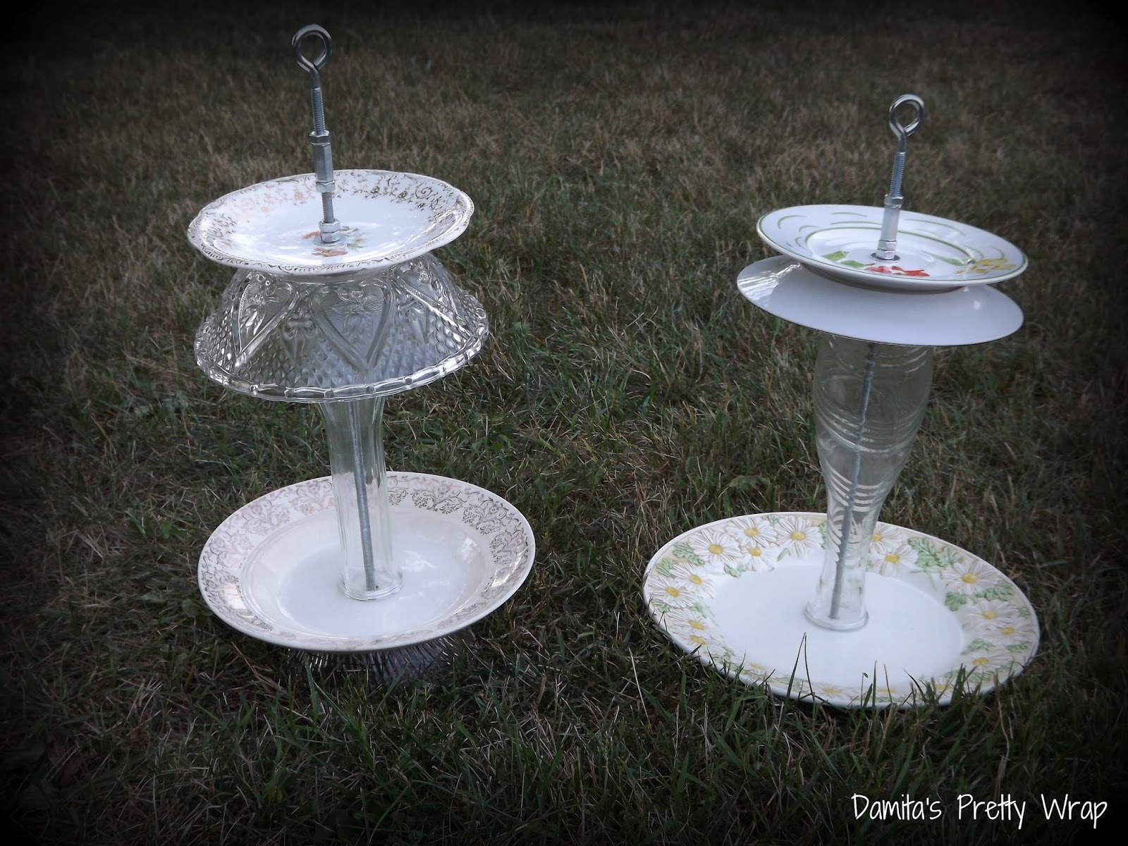 Damita's Pretty Wrap Bird Feeders made out of vintage china