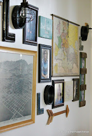 vintage map, gallery wall, marquee letter. wall sconce, oil rubbed bronze, http://bec4-beyondthepicketfence.blogspot.com/2015/10/gallery-wall-with-awesome-light-sconces.html