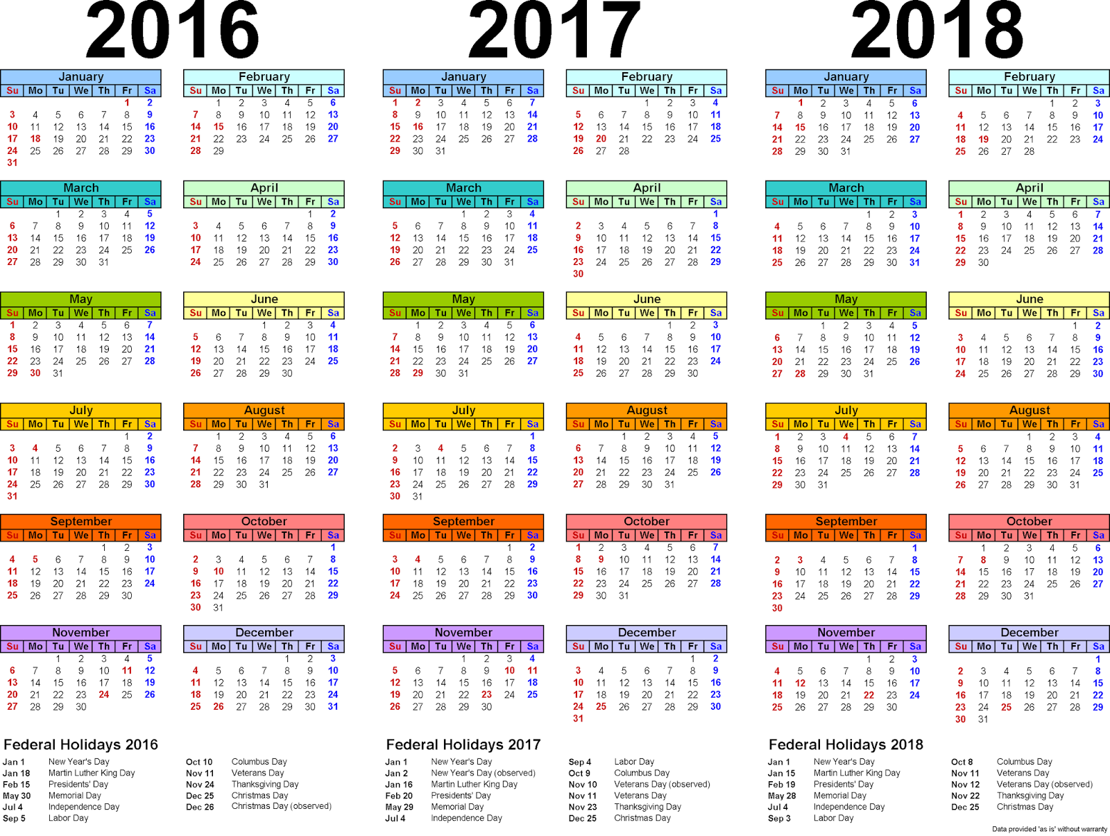 2016 2017 2018 Calendar Word And Excel