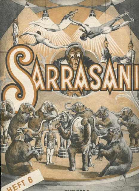 representation en dessin du spectacle du cirque de Hans Stock Sarrasani avec des trapéziste volant et des éléphants assis  autour du directeur Hans Stosch