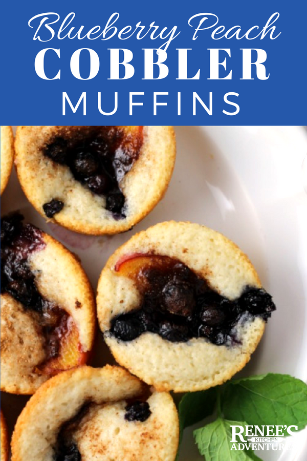 Blueberry-Peach Cobbler Muffins | by Renee's Kitchen Adventures - easy dessert recipe using fresh blueberries and peaches with a light cobbler muffin base.  Perfect for dessert or snack anytime of the day! #RKArecipes #Peach #Blueberries