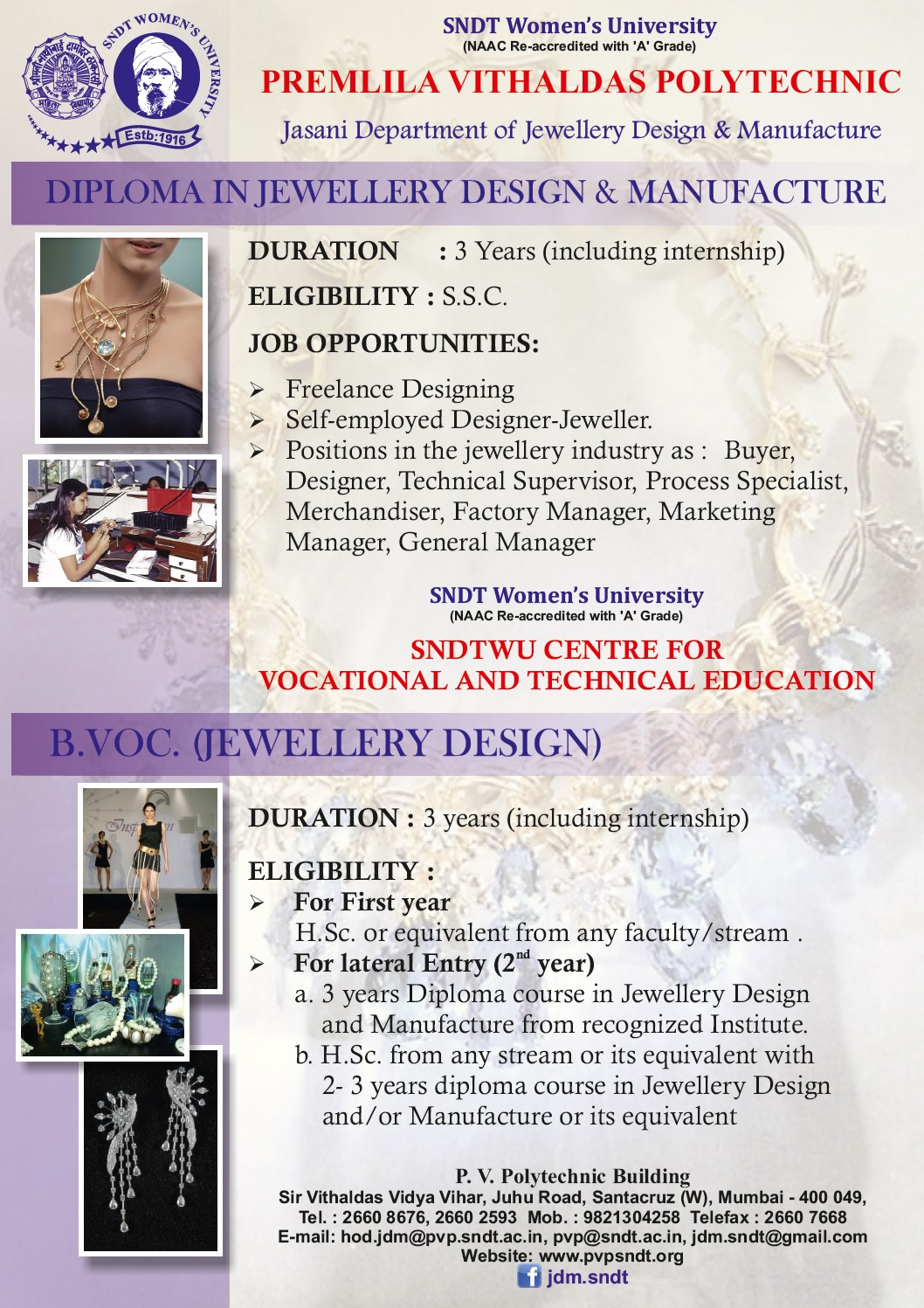 Degree / Diploma in Jewellery Design SNDTWU Jewellery Education