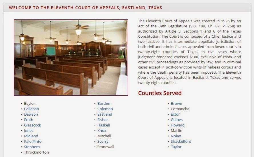 11TH COURT OF APPEALS - EASTLAND 3 JUSTICES • Counties in District • Baylor Eastland Howard Palo Pinto Borden Ector Jones Scurry Brown Erath Knox Shackelford Callahan Fisher Martin Stephens Coleman Gaines Midland Stonewall Comanche Glasscock Mitchell Taylor Dawson Haskell Nolan Throckmorton