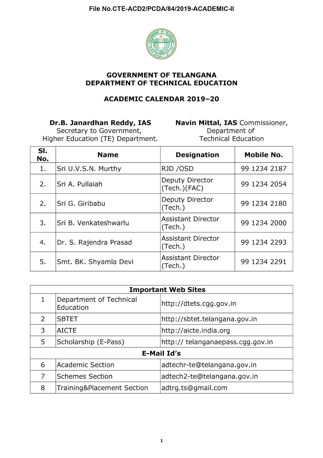 Ts Diploma Academic Calendar 2020 2021 Sbtet