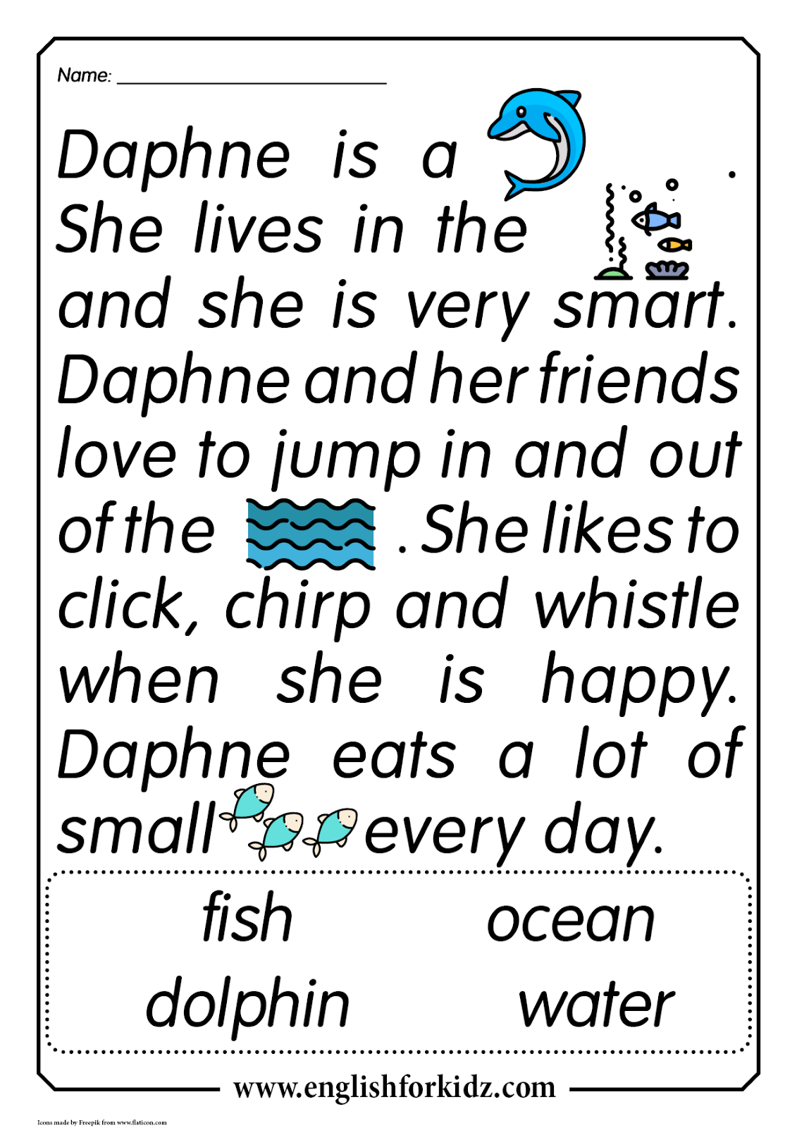 English For Kids Step By Step Reading Comprehension Worksheets Daphne The Dolphin