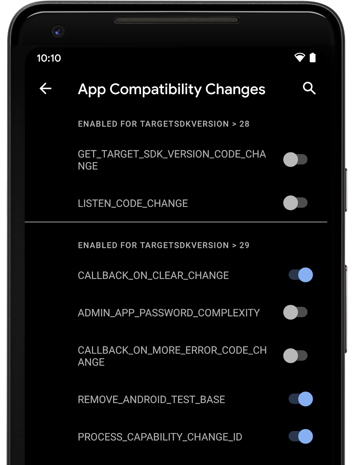 App compatibility toggles in Developer Options.