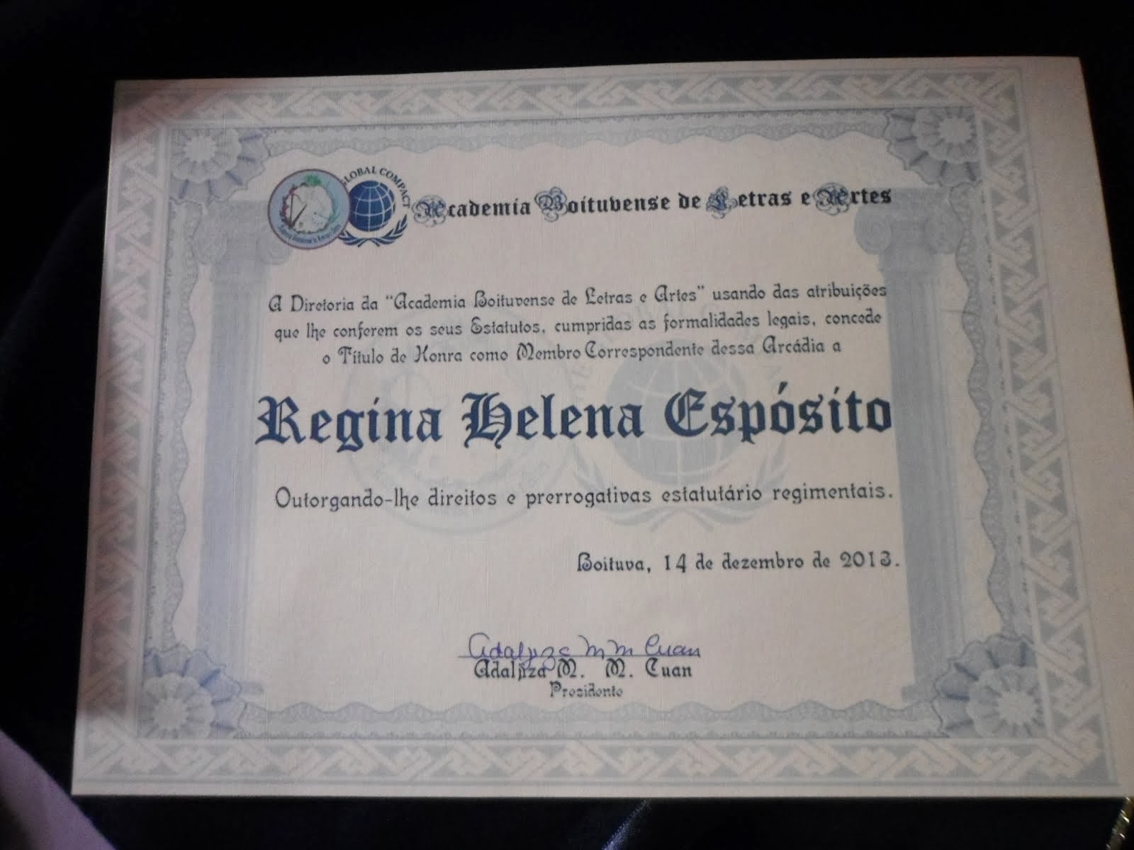 Meu certificado de Posse Acadêmica pela Abla-Academia Boituvense de Letras e Artes...