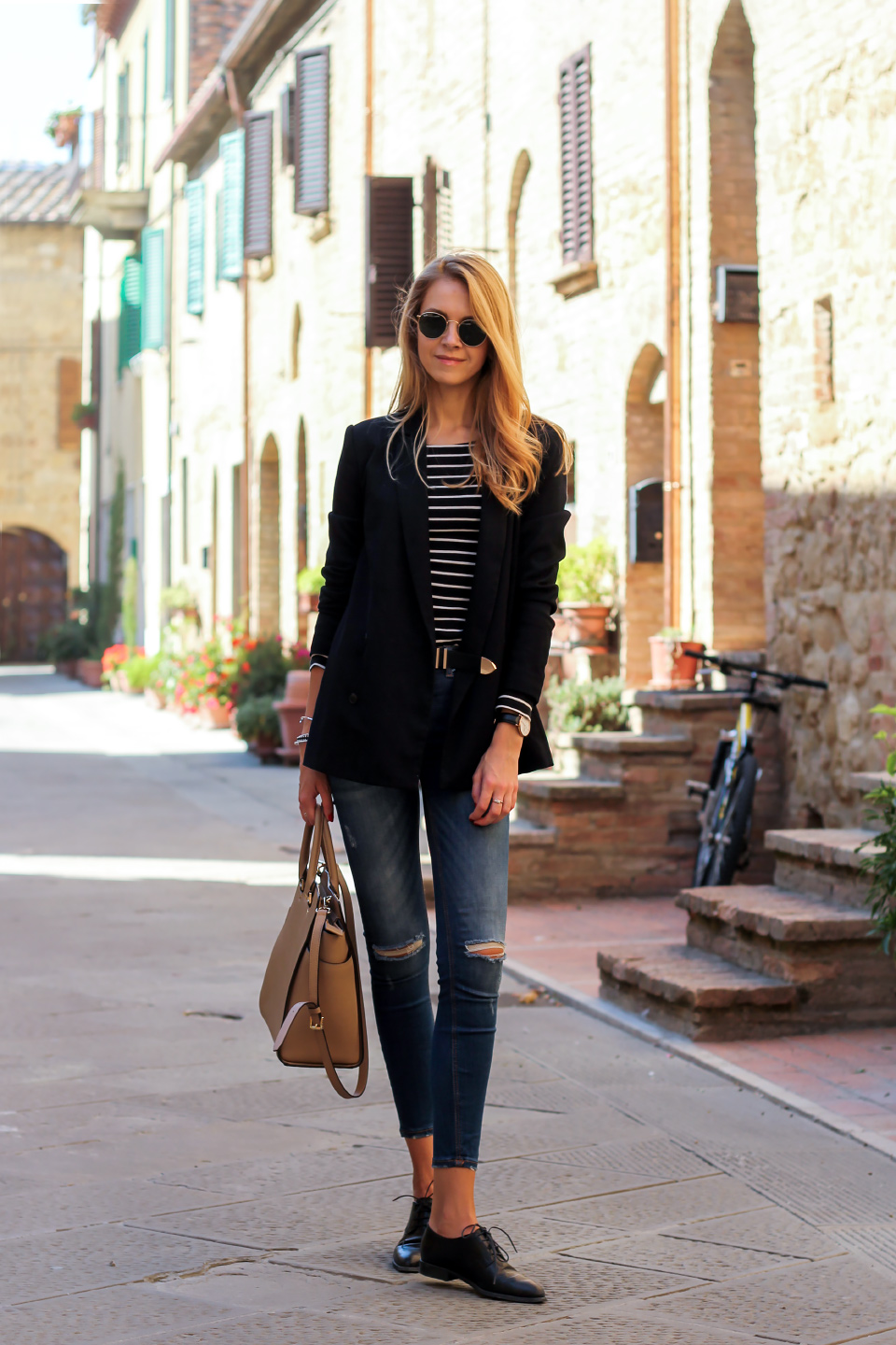 black blazer, striped top, distressed jeans, casual outfit