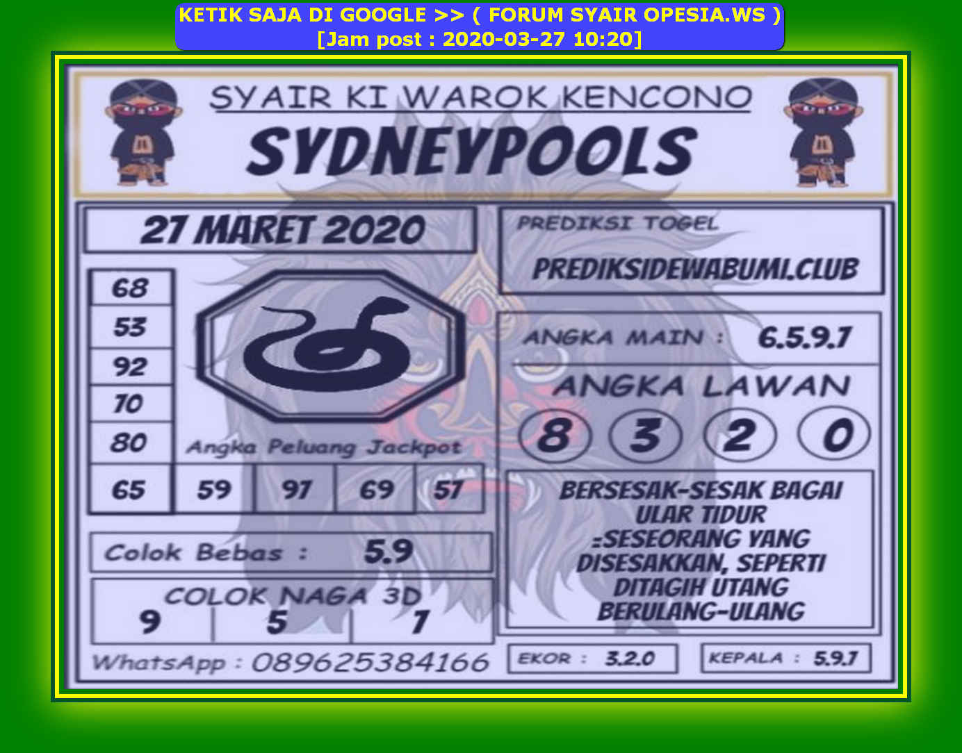 Kode Syair Sydney 27 Maret 2020 Forum Syair Togel Hongkong Singapura Sydney
