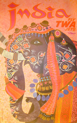 Vintage 1960s India travel poster with elephant by David Klein