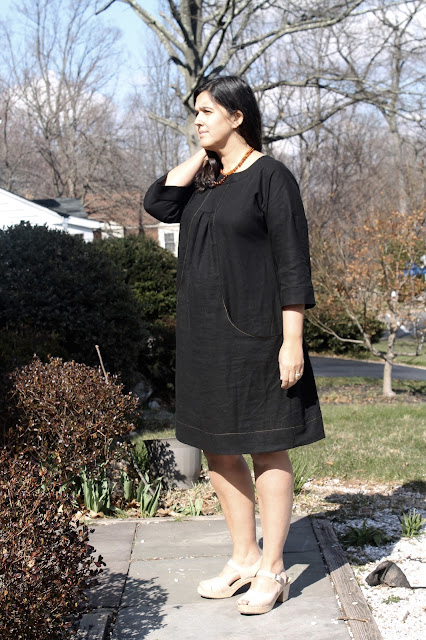 A black linen dress made using the Lisette Portfolio/Simplicity 2245 sewing pattern.