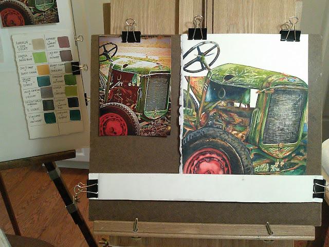 virtual studio tour vintage tractor watercolor in progress 2016 Christy Sheeler