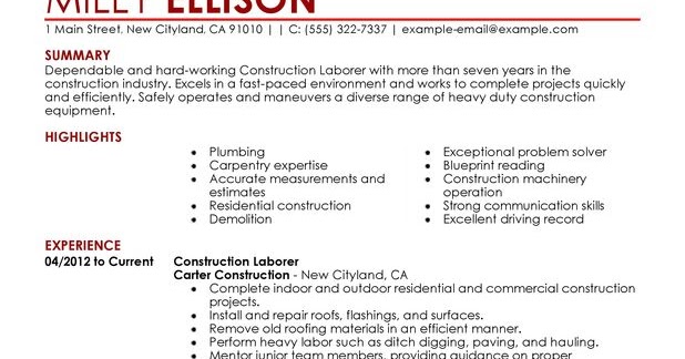 sample of a construction worker resumes