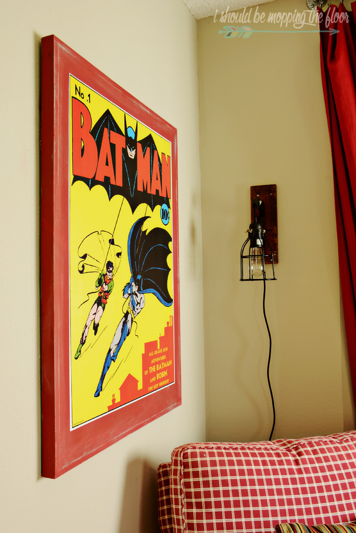 Kids' Reading Corner and DIY Canvas Artwork | Sweet space for the kiddos to escape to...this post includes a tutorial on making the Batman canvas, too.