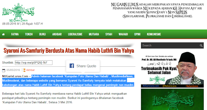 Difitnah Soal Sebar Statemen Habib Lutfi, Ini Jawaban Muslimedianews yang Bungkam NU GARIS LURUS