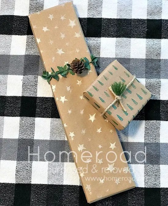 gift wrap on buffalo checked table cloth