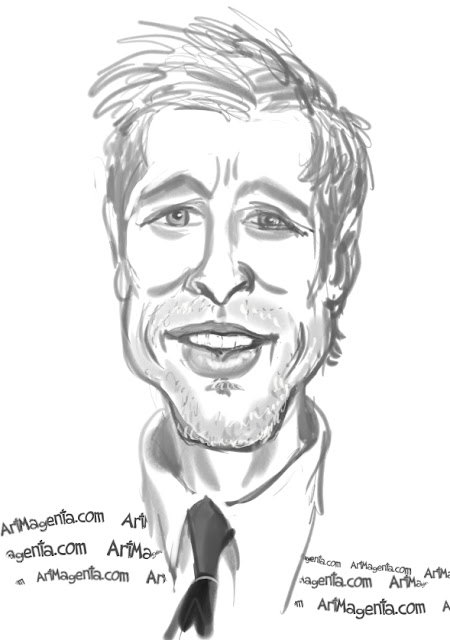 Brad Pitt caricature cartoon. Portrait drawing by caricaturist Artmagenta