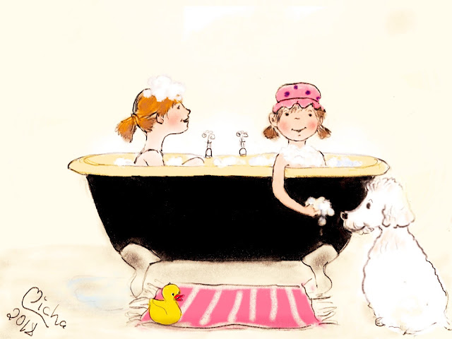 Eine lustige Illustration von zwei Kindern in der Badewanne. Vor der Wanne sitzt eine gelbe Plastikente und ein großer weißer Pudel. Ein Kind versucht den Pudel am Schaum lecken zu lassen.