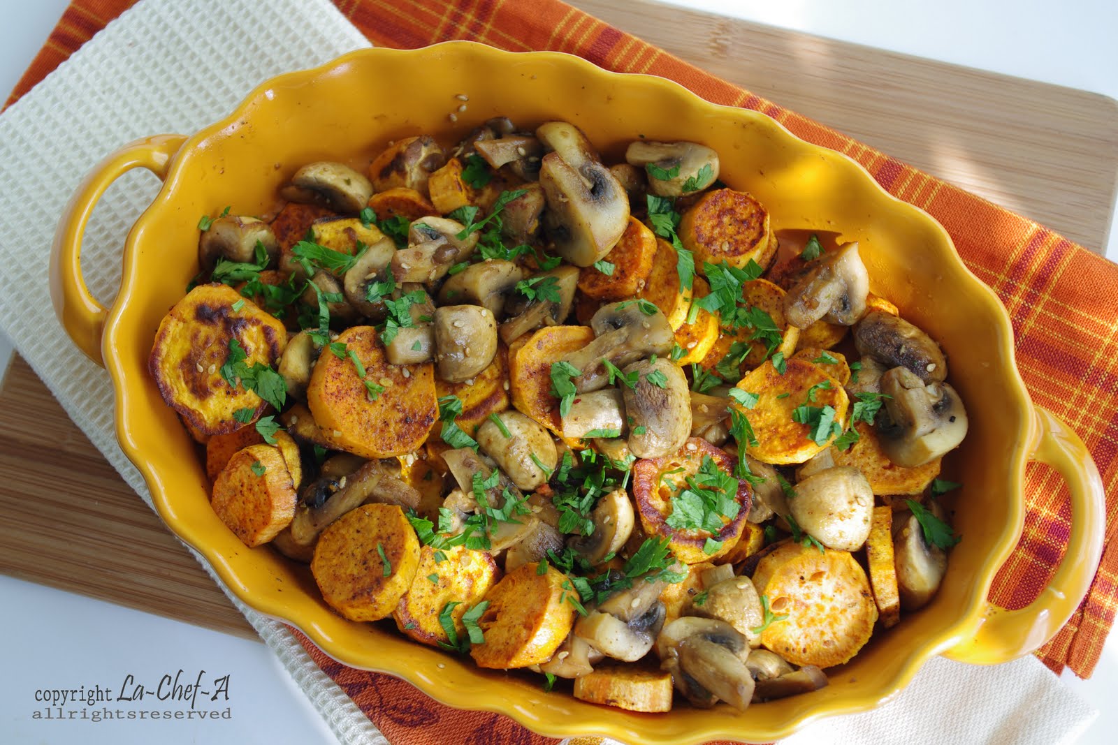 La ChefA BAKED SWEET POTATOES WITH MUSHROOMS